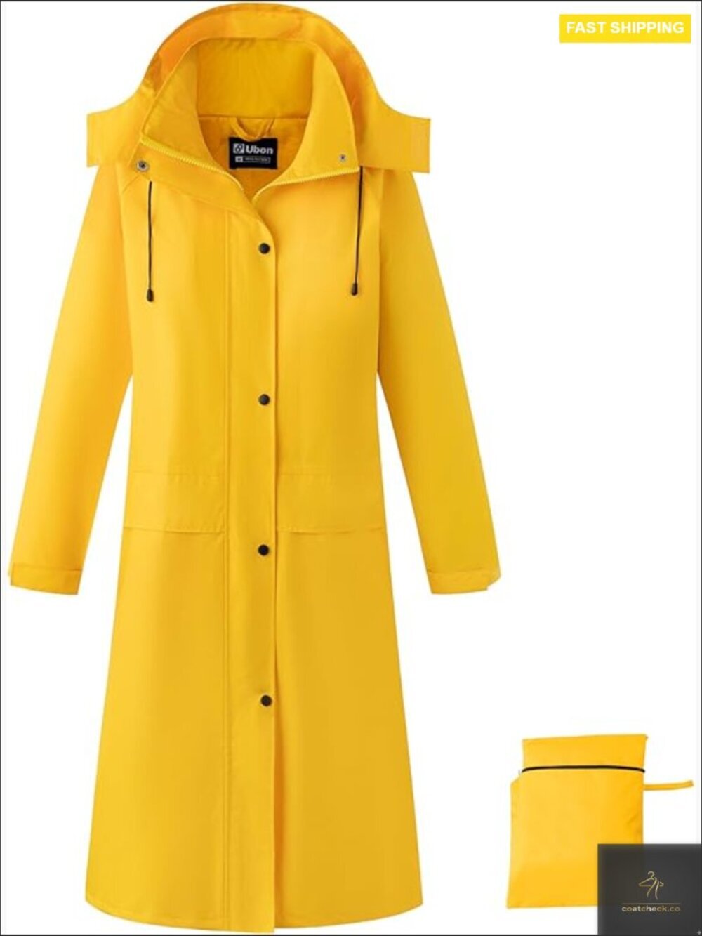 Long Waterproof Raincoat with Detachable Hood Packable Lightweight Jacket